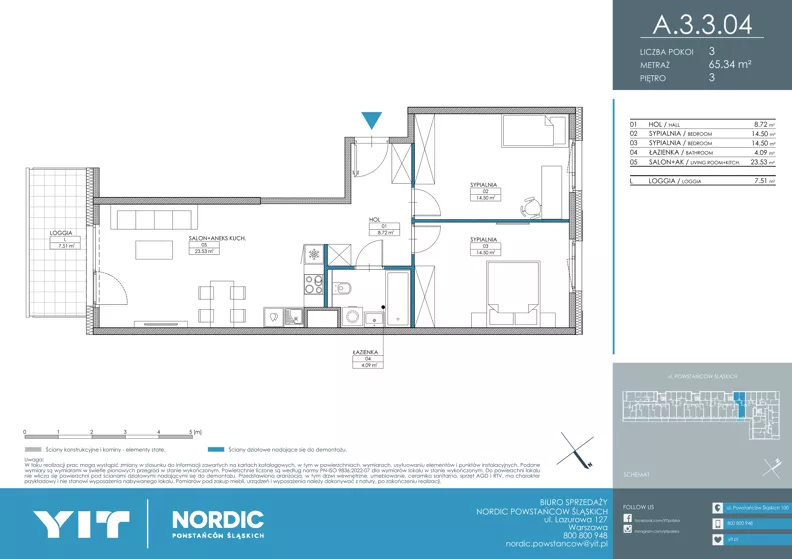 3 pokoje, mieszkanie 65,34 m², piętro 3, oferta nr A 3.3.04, Nordic Powstańców Śląskich, Warszawa, Bemowo, Bemowo-Lotnisko, ul. Powstańców Śląskich