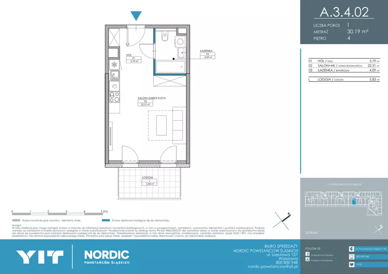 1 pokój, mieszkanie 30,19 m², piętro 4, oferta nr A 3.4.02, Nordic Powstańców Śląskich, Warszawa, Bemowo, Bemowo-Lotnisko, ul. Powstańców Śląskich