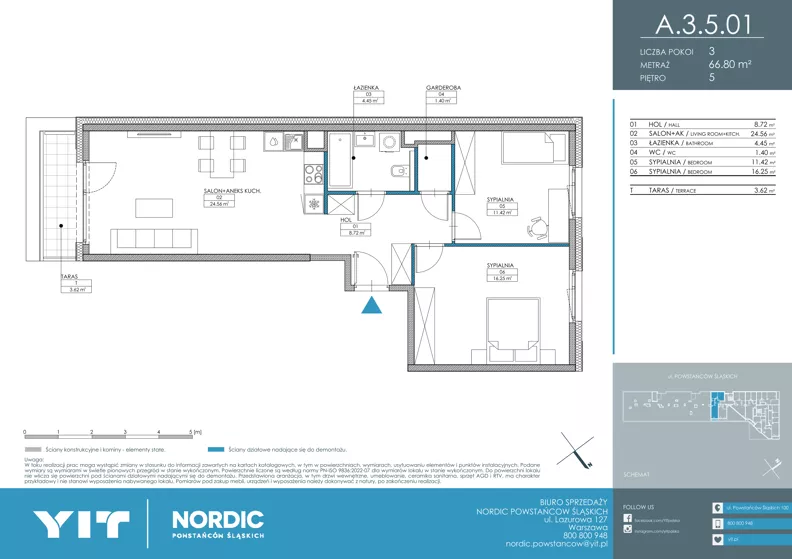 3 pokoje, mieszkanie 66,80 m², piętro 5, oferta nr A 3.5.01, Nordic Powstańców Śląskich, Warszawa, Bemowo, Bemowo-Lotnisko, ul. Powstańców Śląskich