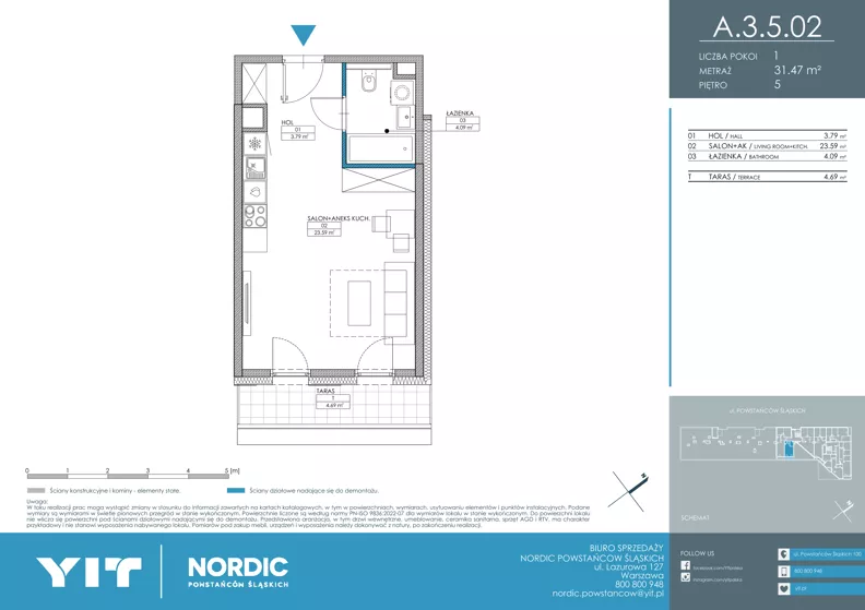 1 pokój, mieszkanie 31,47 m², piętro 5, oferta nr A 3.5.02, Nordic Powstańców Śląskich, Warszawa, Bemowo, Bemowo-Lotnisko, ul. Powstańców Śląskich