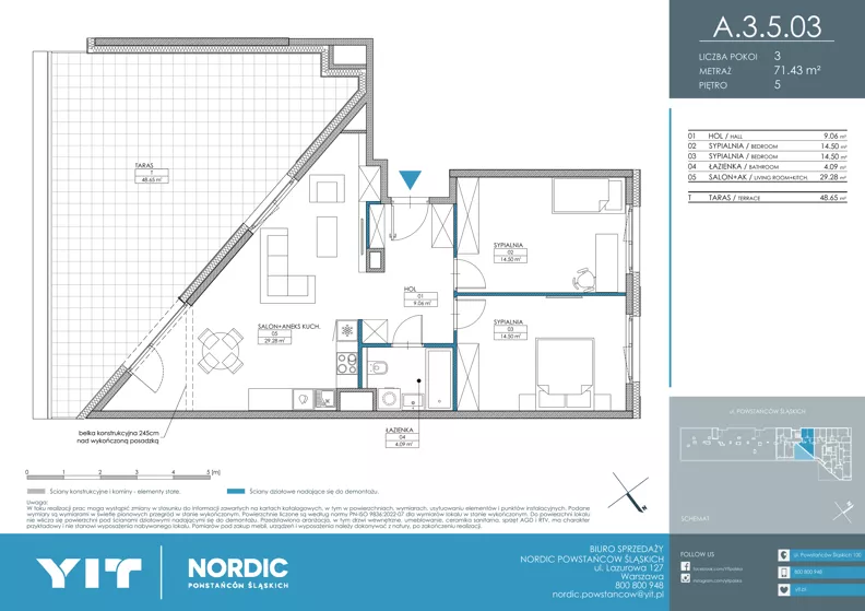 3 pokoje, mieszkanie 71,43 m², piętro 5, oferta nr A 3.5.03, Nordic Powstańców Śląskich, Warszawa, Bemowo, Bemowo-Lotnisko, ul. Powstańców Śląskich