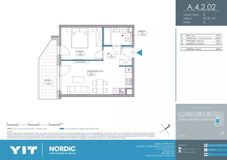 2 pokoje, mieszkanie 41,21 m², piętro 2, oferta nr A 4.2.02, Nordic Powstańców Śląskich, Warszawa, Bemowo, Bemowo-Lotnisko, ul. Powstańców Śląskich