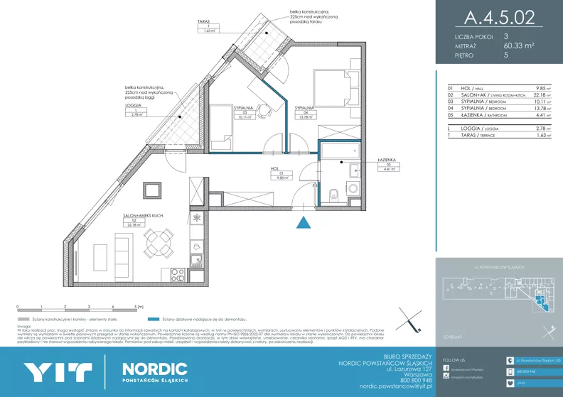 3 pokoje, mieszkanie 60,33 m², piętro 5, oferta nr A 4.5.02, Nordic Powstańców Śląskich, Warszawa, Bemowo, Bemowo-Lotnisko, ul. Powstańców Śląskich