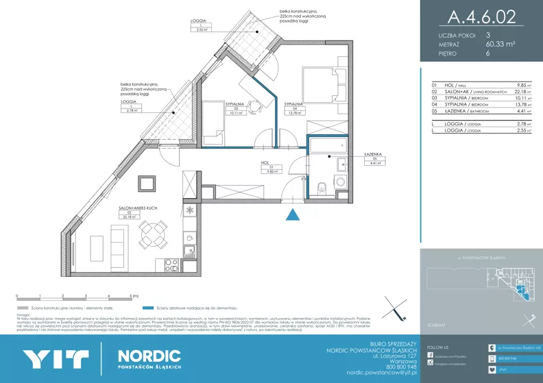3 pokoje, mieszkanie 60,33 m², piętro 6, oferta nr A 4.6.02, Nordic Powstańców Śląskich, Warszawa, Bemowo, Bemowo-Lotnisko, ul. Powstańców Śląskich