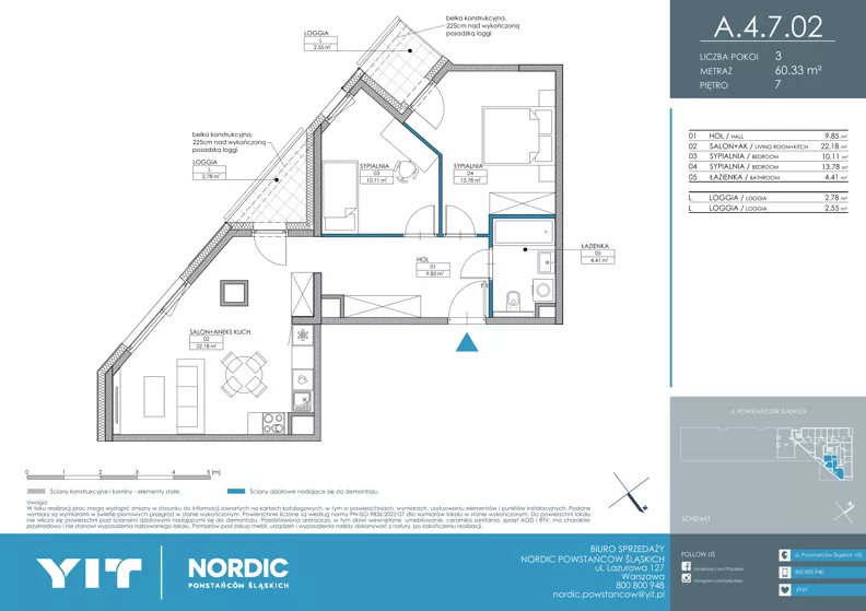 3 pokoje, mieszkanie 60,33 m², piętro 7, oferta nr A 4.7.02, Nordic Powstańców Śląskich, Warszawa, Bemowo, Bemowo-Lotnisko, ul. Powstańców Śląskich