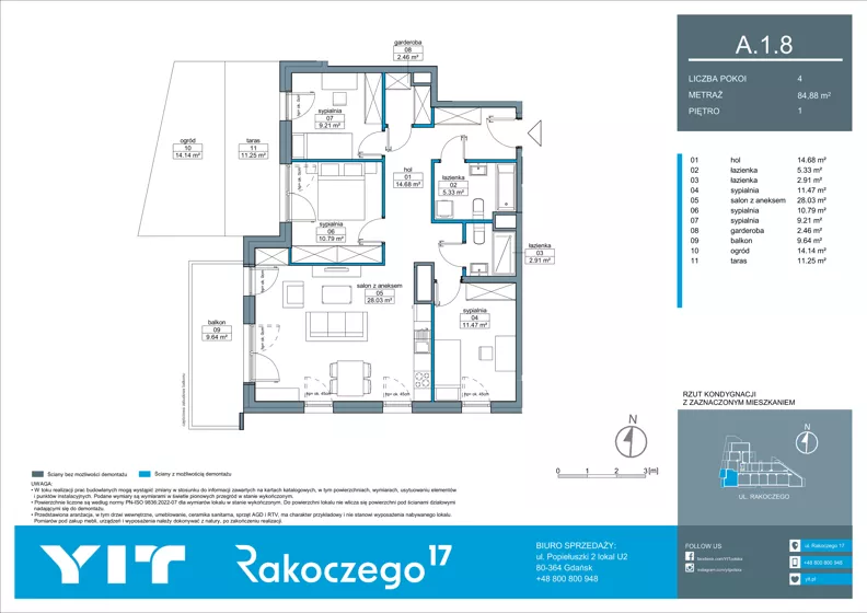 4 pokoje, mieszkanie 84,88 m², piętro 1, oferta nr A 1.8, Rakoczego 17, Gdańsk, Piecki-Migowo, Piecki, ul. Rakoczego