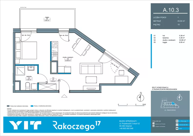 2 pokoje, mieszkanie 43,54 m², piętro 10, oferta nr A 10.3, Rakoczego 17, Gdańsk, Piecki-Migowo, Piecki, ul. Rakoczego
