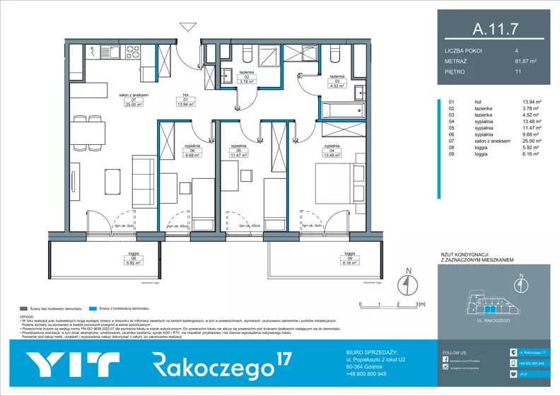 4 pokoje, mieszkanie 81,87 m², piętro 11, oferta nr A 11.7, Rakoczego 17, Gdańsk, Piecki-Migowo, Piecki, ul. Rakoczego