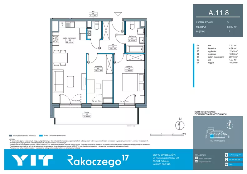 3 pokoje, mieszkanie 58,92 m², piętro 11, oferta nr A 11.8, Rakoczego 17, Gdańsk, Piecki-Migowo, Piecki, ul. Rakoczego