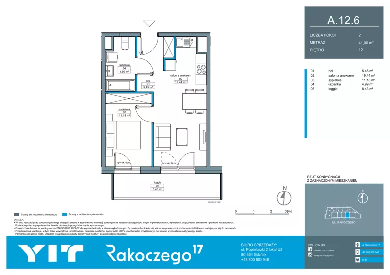 2 pokoje, mieszkanie 41,06 m², piętro 12, oferta nr A 12.6, Rakoczego 17, Gdańsk, Piecki-Migowo, Piecki, ul. Rakoczego