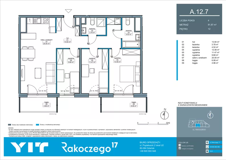4 pokoje, mieszkanie 81,87 m², piętro 12, oferta nr A 12.7, Rakoczego 17, Gdańsk, Piecki-Migowo, Piecki, ul. Rakoczego