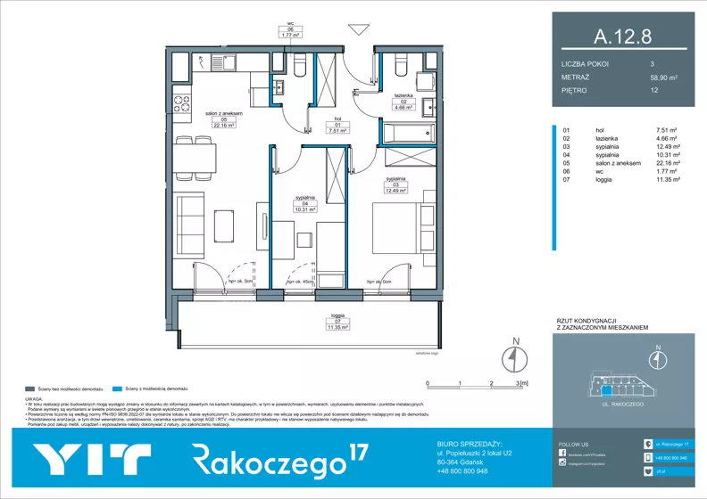 3 pokoje, mieszkanie 58,90 m², piętro 12, oferta nr A 12.8, Rakoczego 17, Gdańsk, Piecki-Migowo, Piecki, ul. Rakoczego