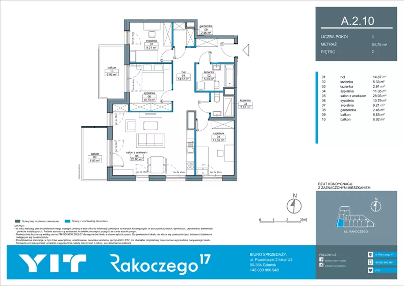 4 pokoje, mieszkanie 84,75 m², piętro 2, oferta nr A 2.10, Rakoczego 17, Gdańsk, Piecki-Migowo, Piecki, ul. Rakoczego