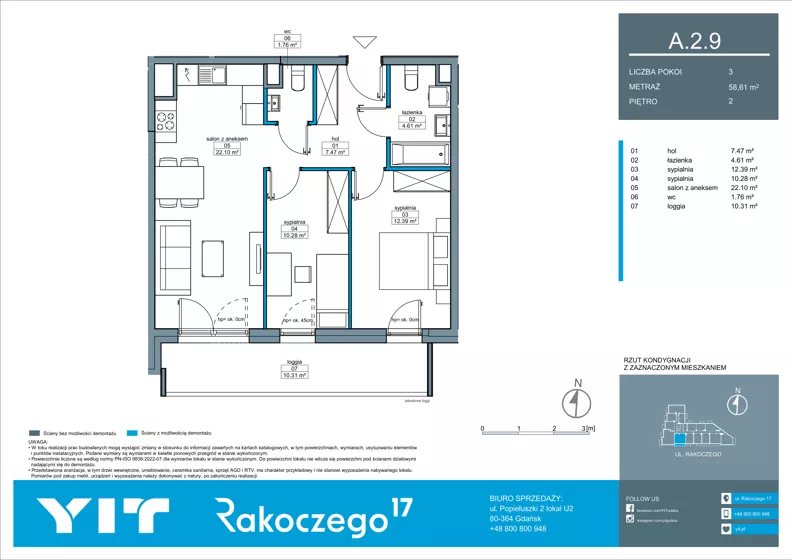 3 pokoje, mieszkanie 58,61 m², piętro 2, oferta nr A 2.9, Rakoczego 17, Gdańsk, Piecki-Migowo, Piecki, ul. Rakoczego