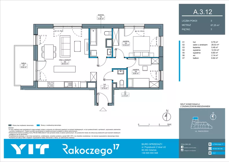 3 pokoje, mieszkanie 67,25 m², piętro 3, oferta nr A 3.12, Rakoczego 17, Gdańsk, Piecki-Migowo, Piecki, ul. Rakoczego
