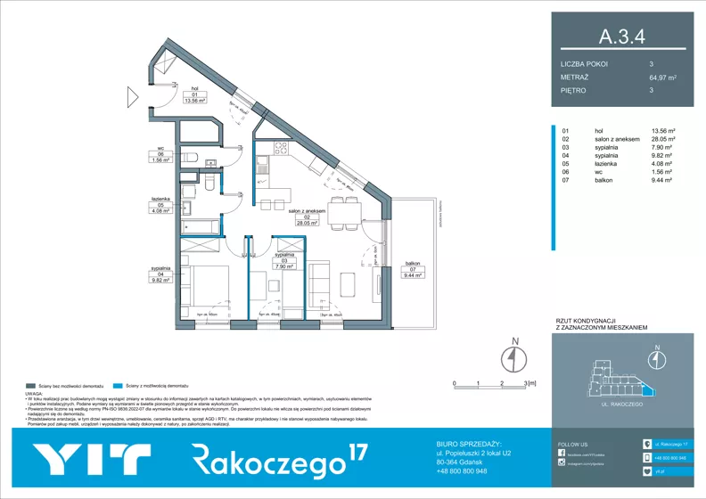 3 pokoje, mieszkanie 64,97 m², piętro 3, oferta nr A 3.4, Rakoczego 17, Gdańsk, Piecki-Migowo, Piecki, ul. Rakoczego