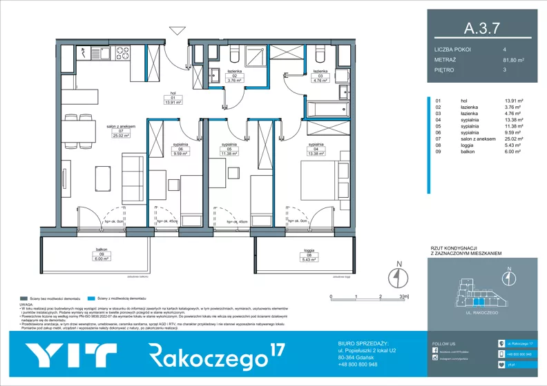 4 pokoje, mieszkanie 81,80 m², piętro 3, oferta nr A 3.7, Rakoczego 17, Gdańsk, Piecki-Migowo, Piecki, ul. Rakoczego