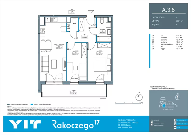 3 pokoje, mieszkanie 58,61 m², piętro 3, oferta nr A 3.8, Rakoczego 17, Gdańsk, Piecki-Migowo, Piecki, ul. Rakoczego