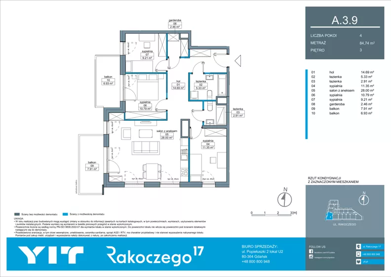 4 pokoje, mieszkanie 84,74 m², piętro 3, oferta nr A 3.9, Rakoczego 17, Gdańsk, Piecki-Migowo, Piecki, ul. Rakoczego