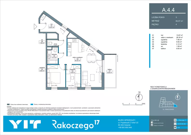 3 pokoje, mieszkanie 65,57 m², piętro 4, oferta nr A 4.4, Rakoczego 17, Gdańsk, Piecki-Migowo, Piecki, ul. Rakoczego