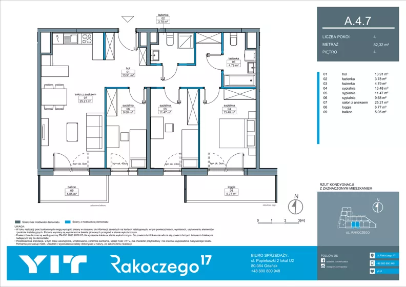 4 pokoje, mieszkanie 82,32 m², piętro 4, oferta nr A 4.7, Rakoczego 17, Gdańsk, Piecki-Migowo, Piecki, ul. Rakoczego