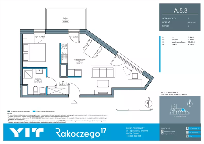 2 pokoje, mieszkanie 43,54 m², piętro 5, oferta nr A 5.3, Rakoczego 17, Gdańsk, Piecki-Migowo, Piecki, ul. Rakoczego