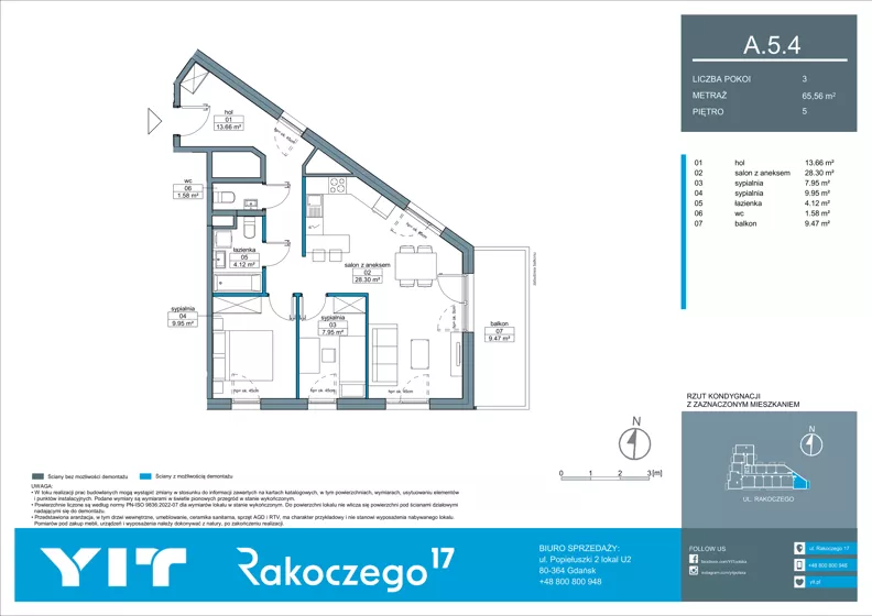 3 pokoje, mieszkanie 65,56 m², piętro 5, oferta nr A 5.4, Rakoczego 17, Gdańsk, Piecki-Migowo, Piecki, ul. Rakoczego