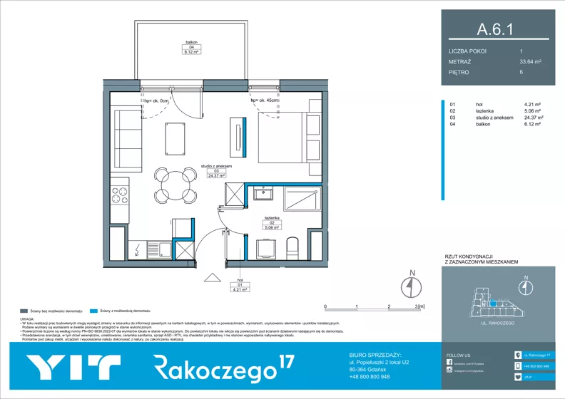 1 pokój, mieszkanie 33,64 m², piętro 6, oferta nr A 6.1, Rakoczego 17, Gdańsk, Piecki-Migowo, Piecki, ul. Rakoczego