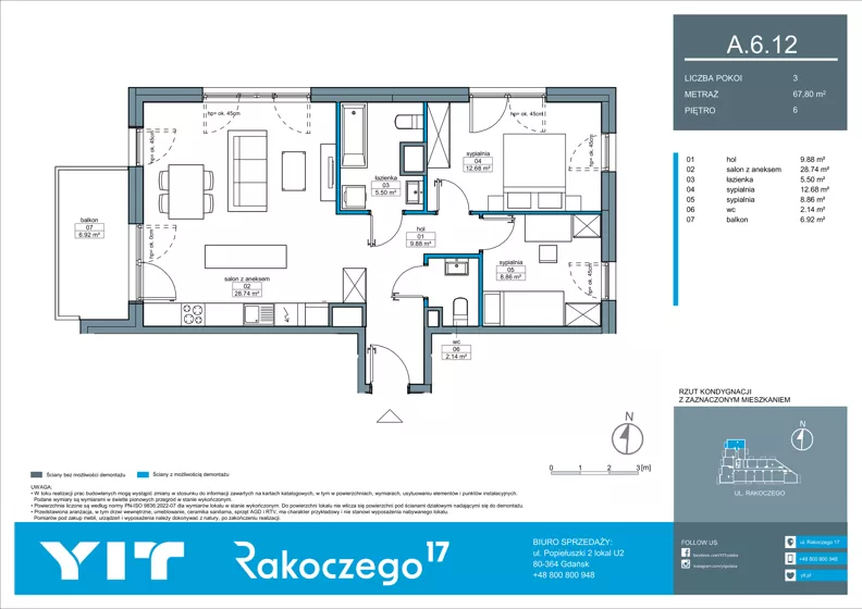 3 pokoje, mieszkanie 67,80 m², piętro 6, oferta nr A 6.12, Rakoczego 17, Gdańsk, Piecki-Migowo, Piecki, ul. Rakoczego