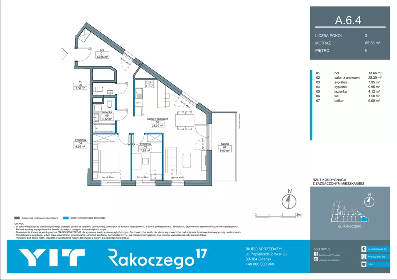3 pokoje, mieszkanie 65,56 m², piętro 6, oferta nr A 6.4, Rakoczego 17, Gdańsk, Piecki-Migowo, Piecki, ul. Rakoczego
