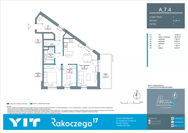 3 pokoje, mieszkanie 65,56 m², piętro 7, oferta nr A 7.4, Rakoczego 17, Gdańsk, Piecki-Migowo, Piecki, ul. Rakoczego