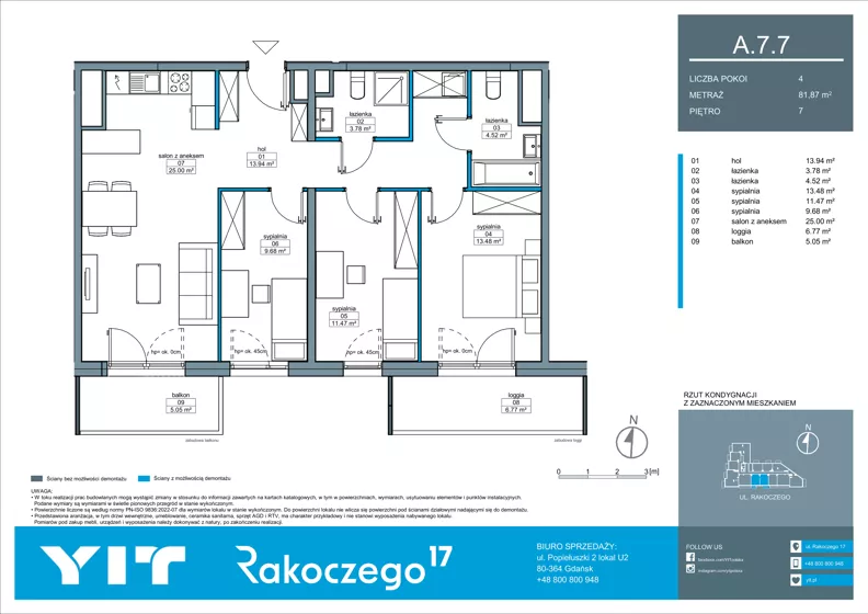 4 pokoje, mieszkanie 81,87 m², piętro 7, oferta nr A 7.7, Rakoczego 17, Gdańsk, Piecki-Migowo, Piecki, ul. Rakoczego