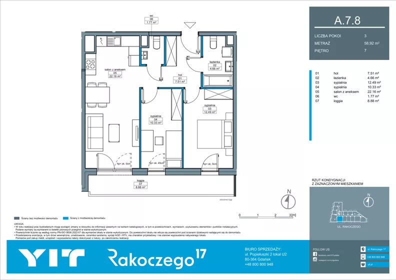 3 pokoje, mieszkanie 58,92 m², piętro 7, oferta nr A 7.8, Rakoczego 17, Gdańsk, Piecki-Migowo, Piecki, ul. Rakoczego