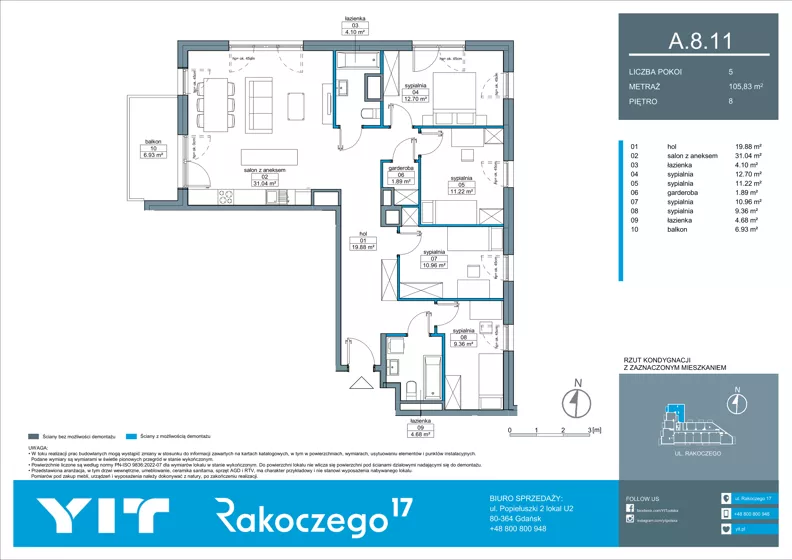 5 pokoi, mieszkanie 105,83 m², piętro 8, oferta nr A 8.11, Rakoczego 17, Gdańsk, Piecki-Migowo, Piecki, ul. Rakoczego