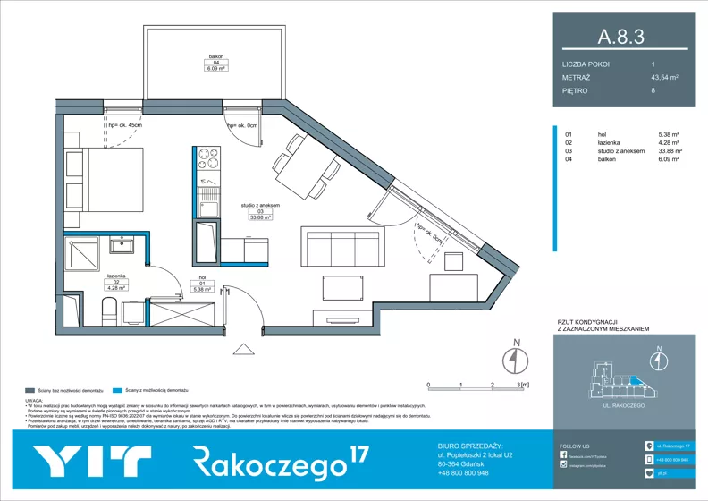 2 pokoje, mieszkanie 43,54 m², piętro 8, oferta nr A 8.3, Rakoczego 17, Gdańsk, Piecki-Migowo, Piecki, ul. Rakoczego