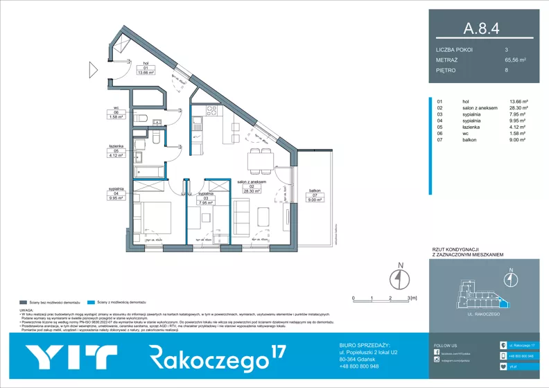 3 pokoje, mieszkanie 65,56 m², piętro 8, oferta nr A 8.4, Rakoczego 17, Gdańsk, Piecki-Migowo, Piecki, ul. Rakoczego