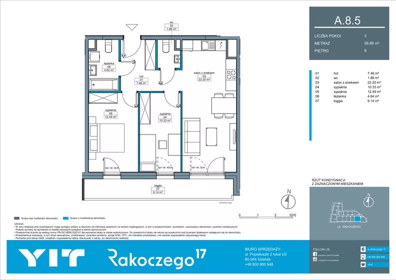 3 pokoje, mieszkanie 58,98 m², piętro 8, oferta nr A 8.5, Rakoczego 17, Gdańsk, Piecki-Migowo, Piecki, ul. Rakoczego