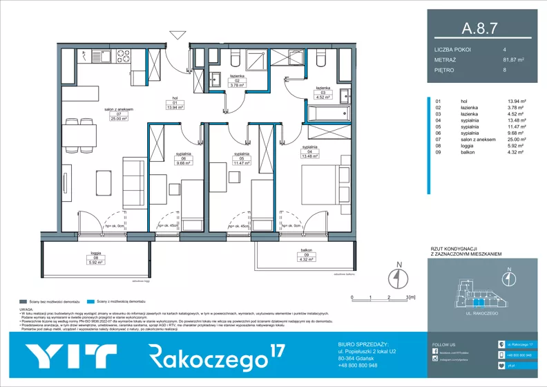4 pokoje, mieszkanie 81,87 m², piętro 8, oferta nr A 8.7, Rakoczego 17, Gdańsk, Piecki-Migowo, Piecki, ul. Rakoczego