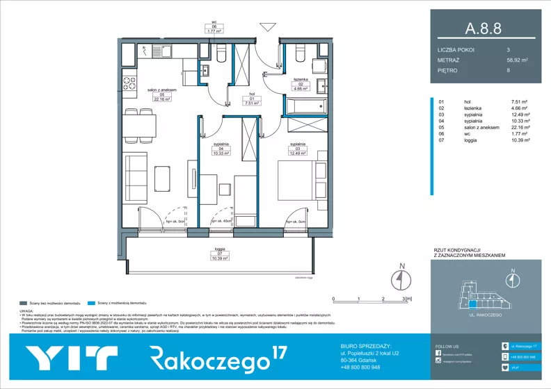 3 pokoje, mieszkanie 58,92 m², piętro 8, oferta nr A 8.8, Rakoczego 17, Gdańsk, Piecki-Migowo, Piecki, ul. Rakoczego