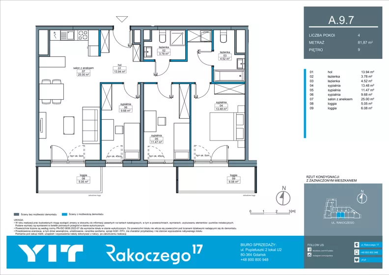 4 pokoje, mieszkanie 81,87 m², piętro 9, oferta nr A 9.7, Rakoczego 17, Gdańsk, Piecki-Migowo, Piecki, ul. Rakoczego