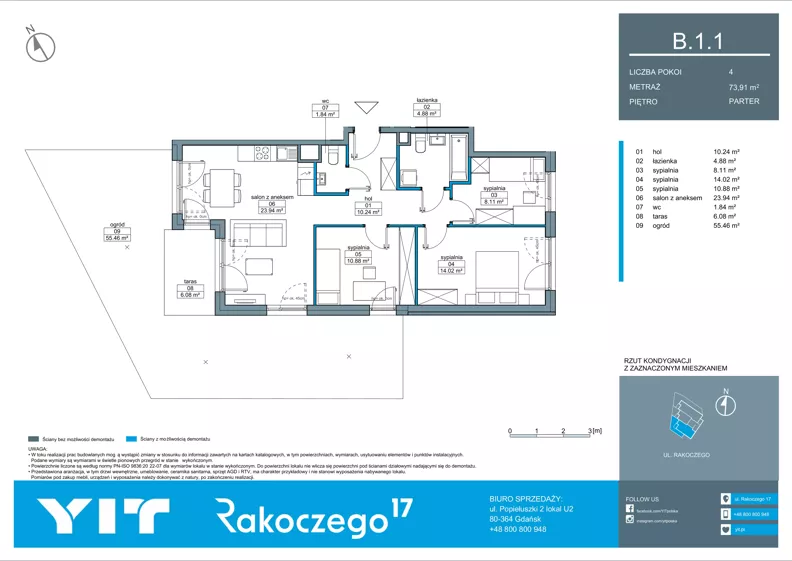 4 pokoje, mieszkanie 73,91 m², parter, oferta nr B 1.1, Rakoczego 17, Gdańsk, Piecki-Migowo, Piecki, ul. Rakoczego