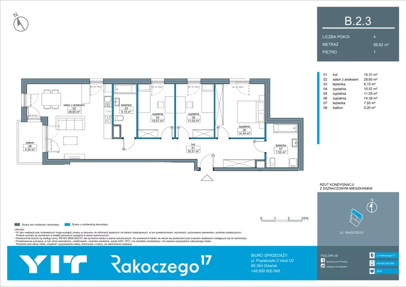 4 pokoje, mieszkanie 98,62 m², piętro 1, oferta nr B 2.3, Rakoczego 17, Gdańsk, Piecki-Migowo, Piecki, ul. Rakoczego