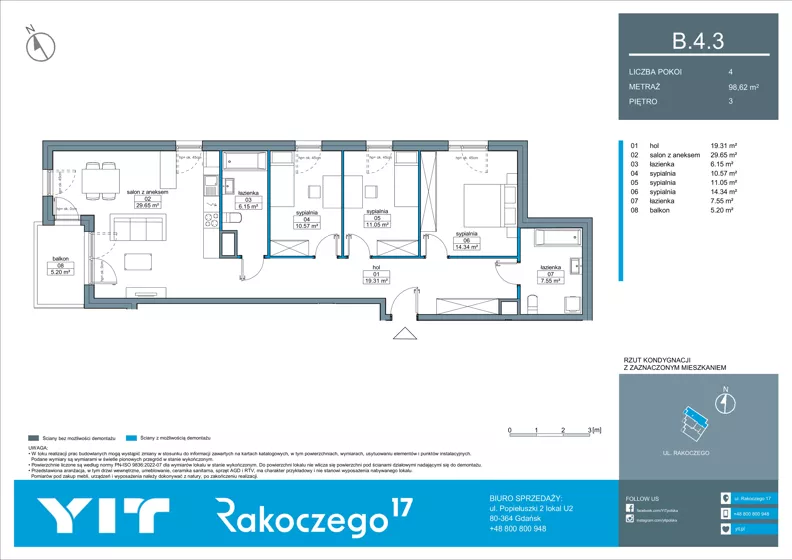 4 pokoje, mieszkanie 98,62 m², piętro 3, oferta nr B 4.3, Rakoczego 17, Gdańsk, Piecki-Migowo, Piecki, ul. Rakoczego