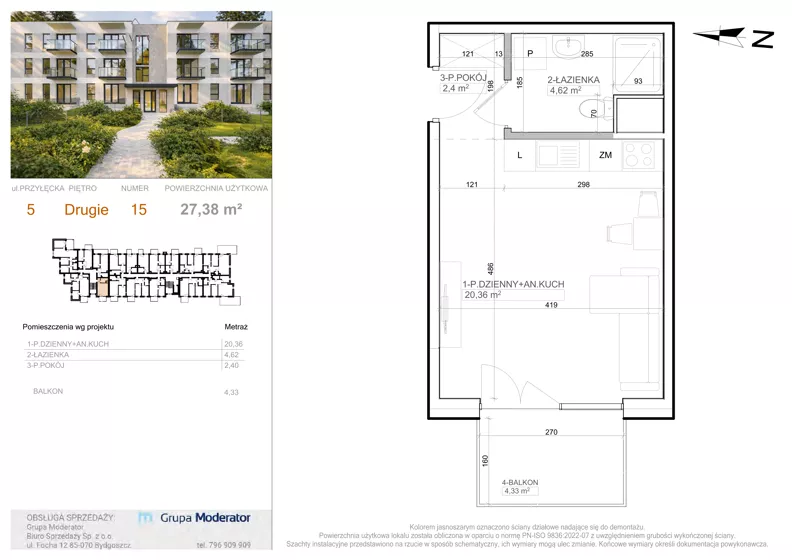 1 pokój, mieszkanie 27,38 m², piętro 2, oferta nr 5 - 15, Avia III, Bydgoszcz, Bielice, ul. Przyłęcka 3,5