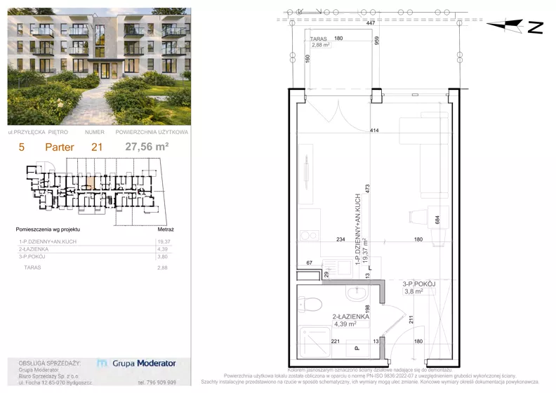 1 pokój, mieszkanie 27,56 m², parter, oferta nr 5 - 21, Avia III, Bydgoszcz, Bielice, ul. Przyłęcka 3,5