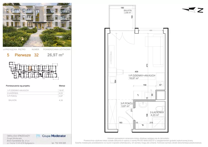 1 pokój, mieszkanie 26,97 m², piętro 1, oferta nr 5 - 32, Avia III, Bydgoszcz, Bielice, ul. Przyłęcka 3,5
