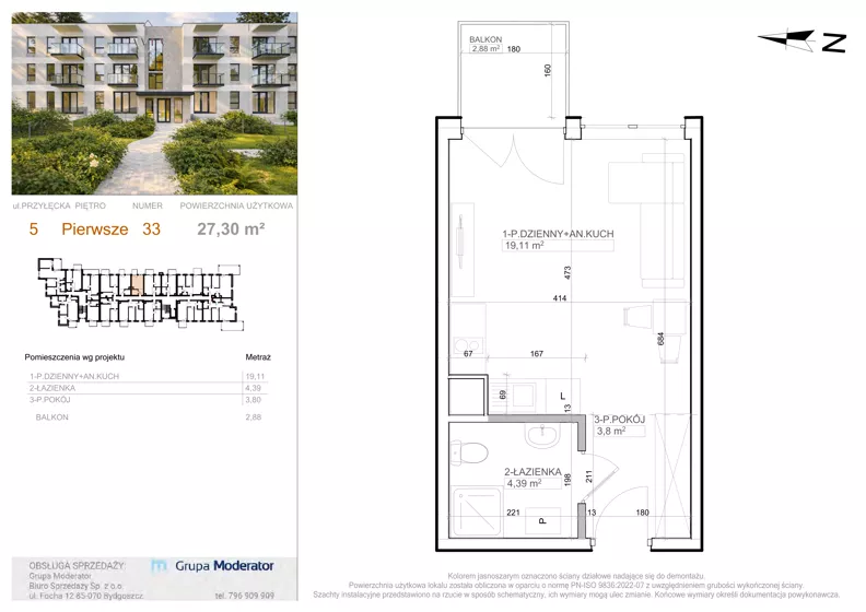 1 pokój, mieszkanie 27,30 m², piętro 1, oferta nr 5 - 33, Avia III, Bydgoszcz, Bielice, ul. Przyłęcka 3,5