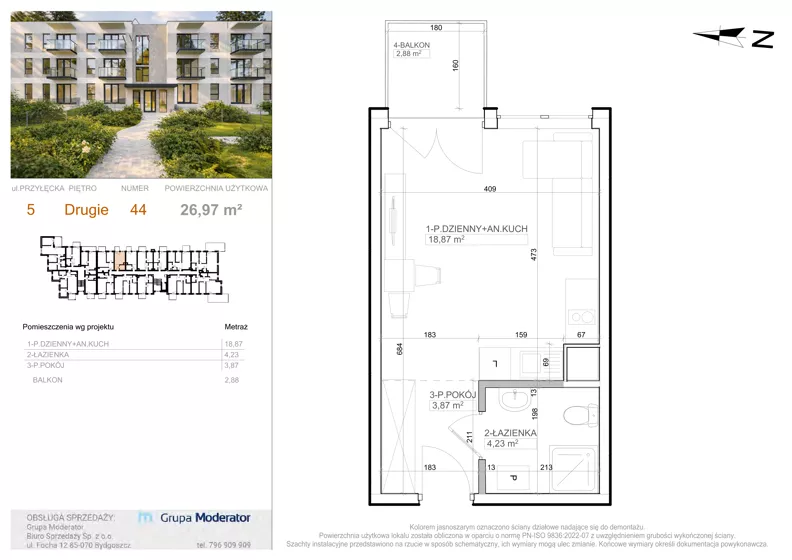 1 pokój, mieszkanie 26,97 m², piętro 2, oferta nr 5 - 44, Avia III, Bydgoszcz, Bielice, ul. Przyłęcka 3,5