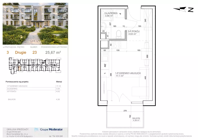 1 pokój, mieszkanie 25,67 m², piętro 2, oferta nr 3 - 23, Avia III, Bydgoszcz, Bielice, ul. Przyłęcka 3
