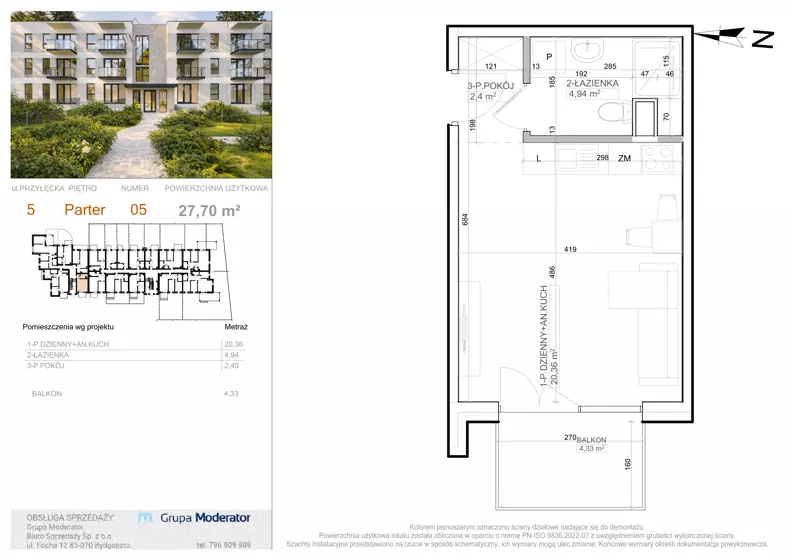 1 pokój, mieszkanie 27,70 m², parter, oferta nr 5 - 5, Avia III, Bydgoszcz, Bielice, ul. Przyłęcka 3
